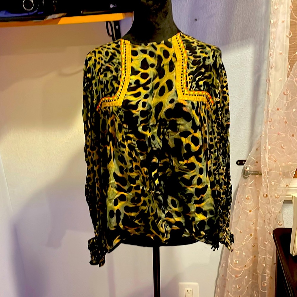Black blouse multi colored with green and gold - small petite sized.